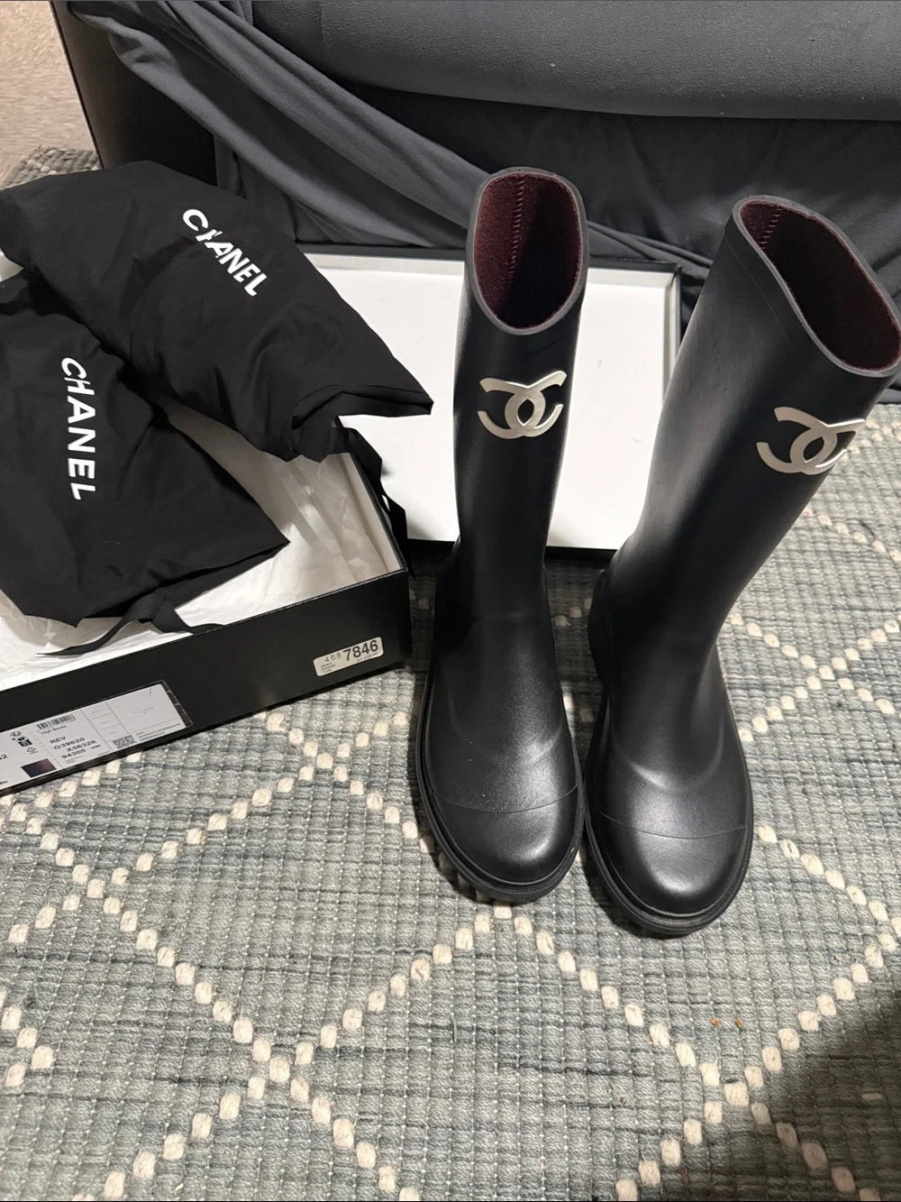 CHANEL Black Logo Knee-High Leather Boots